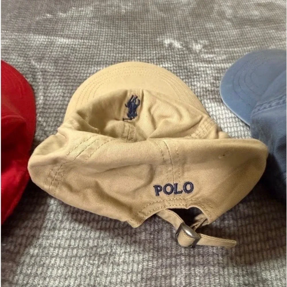 Lot of 3 Polo Ralph Lauren Baseball Caps Red Tan Blue Adjustable Pony Logo Hat